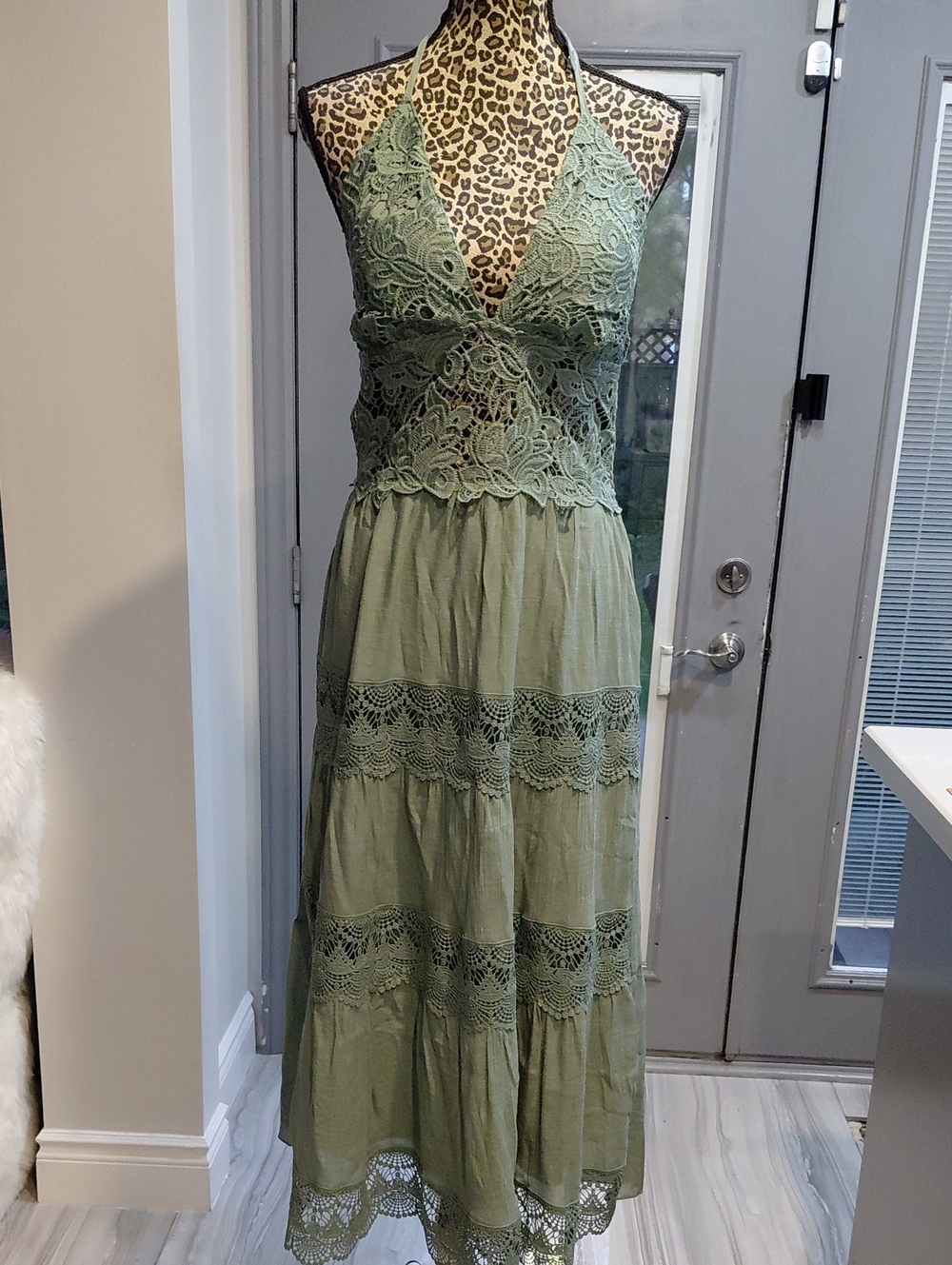 Rebellion Olive Lace Halter Maxi Dress